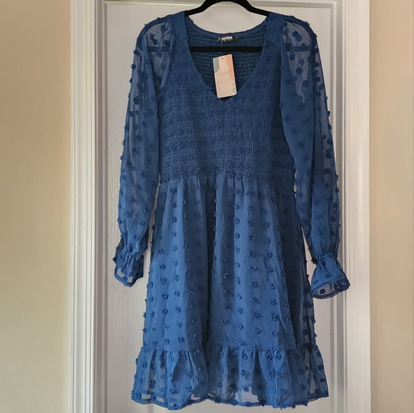 Long Sleeve V Neck Smocked Short Swiss Dot Ruffle Dress - Picture 3 of 9